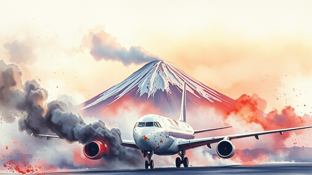 항공 운항, 화산재에 취약한 이유 (watercolor 스타일)