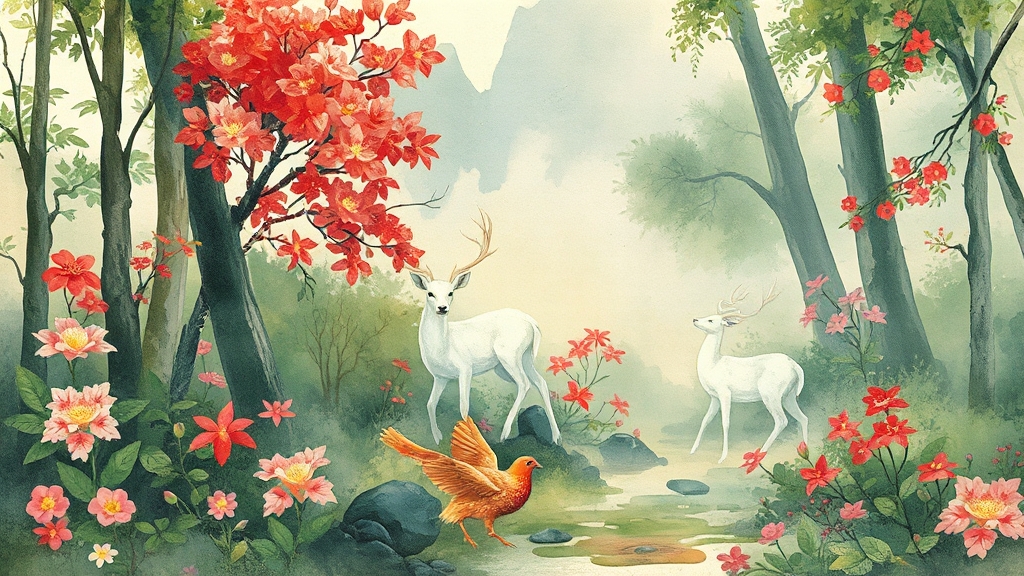 청리움: 숨은 명소와 백록 정원 (watercolor 스타일)