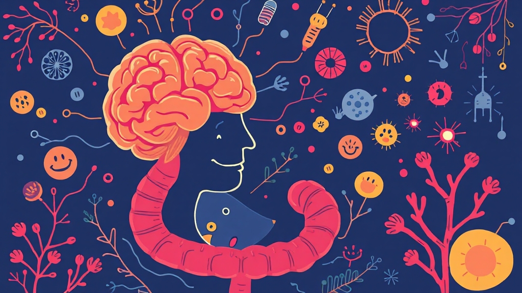 장내 미생물 불균형과 정신 질환 (illustration 스타일)