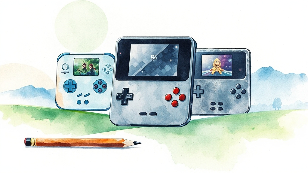레온 포켓 프로 vs 휴대용 게임기 (watercolor 스타일)