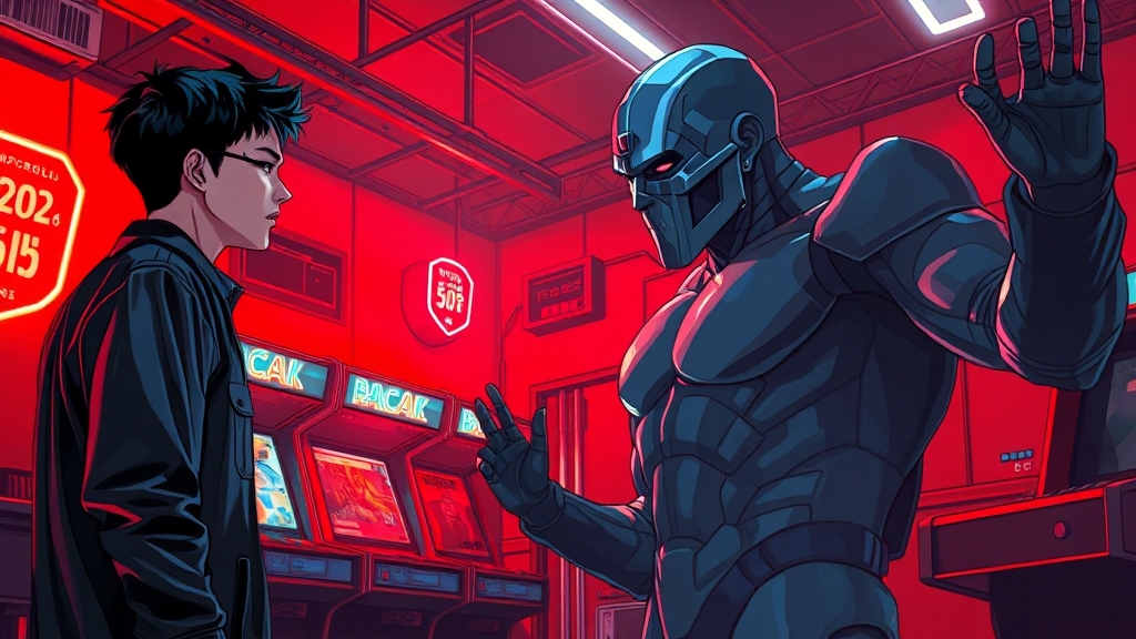 프론트맨과 기훈의 본격 대립 구도 (illustration 스타일)