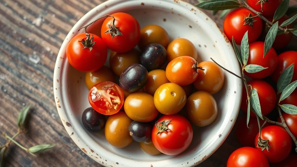 올리브 토마토 섭취 시 주의사항 (realistic 스타일)