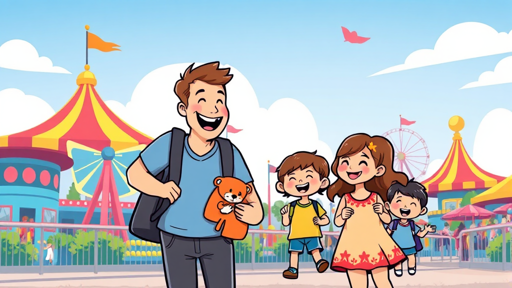 놀거리 가득! 신나는 테마파크 가족 여행 (cartoon 스타일)