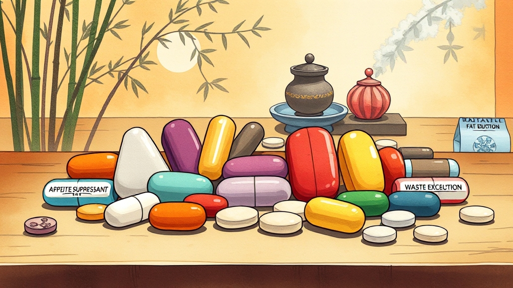 다이어트 환 효과와 종류 (cartoon 스타일)