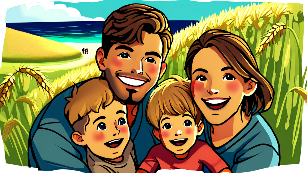 가파도 청보리축제: 푸른 물결 속 가족 나들이 (cartoon 스타일)