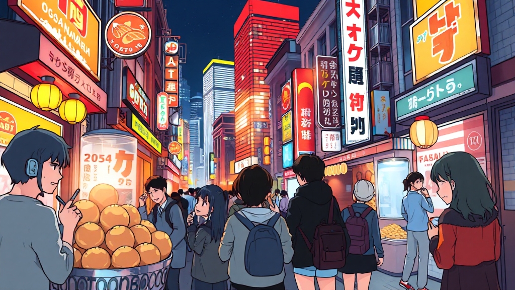 오사카 미식 여행, 성공적! (cartoon 스타일)