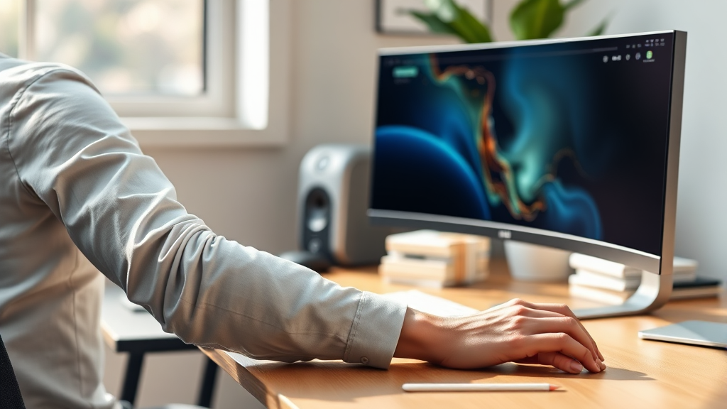 마우스 손목 터널 증후군: 원인부터 예방, 통증 완화까지 완벽 가이드 6 손목 터널 증후군 예방을 위한 데스크 셋팅 (realistic 스타일)