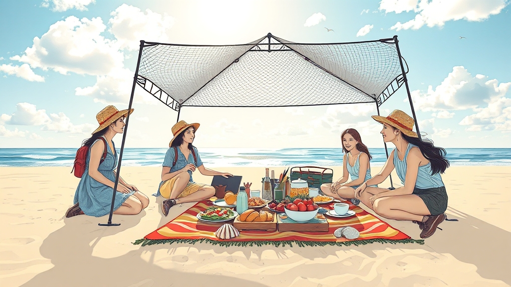 허브쉘터 활용법: 캠핑, 피크닉, 해변 (illustration 스타일)