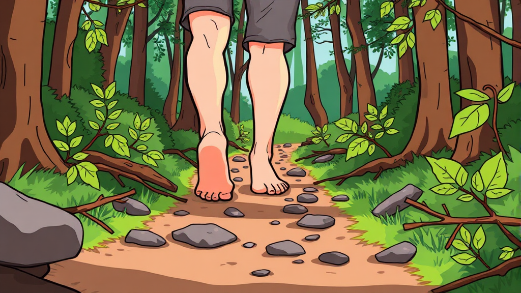 안전한 숲길 보행: 올바른 발걸음과 주의해야 할 지형 (cartoon 스타일)