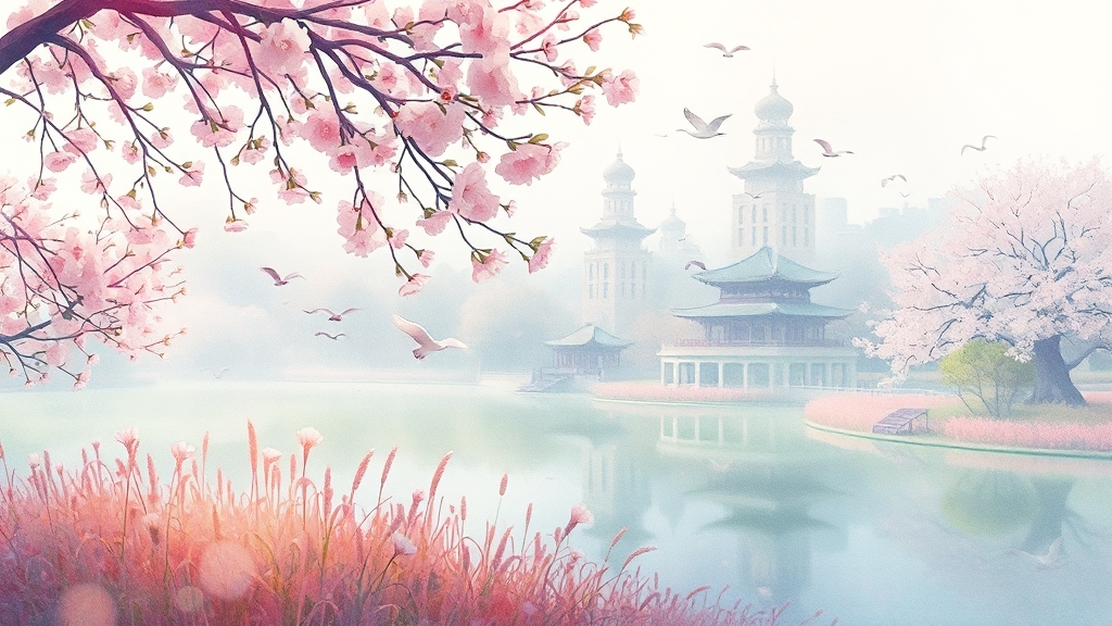 주요 명소 및 테마 정원 탐험 (watercolor 스타일)