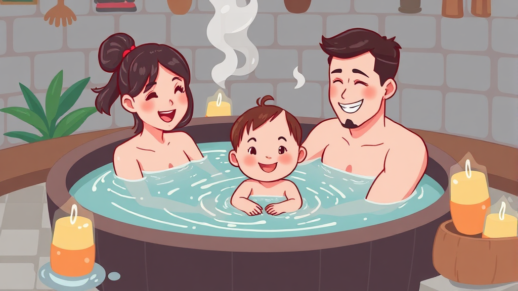 가족탕 숙소 선택 시 고려사항 (illustration 스타일)
