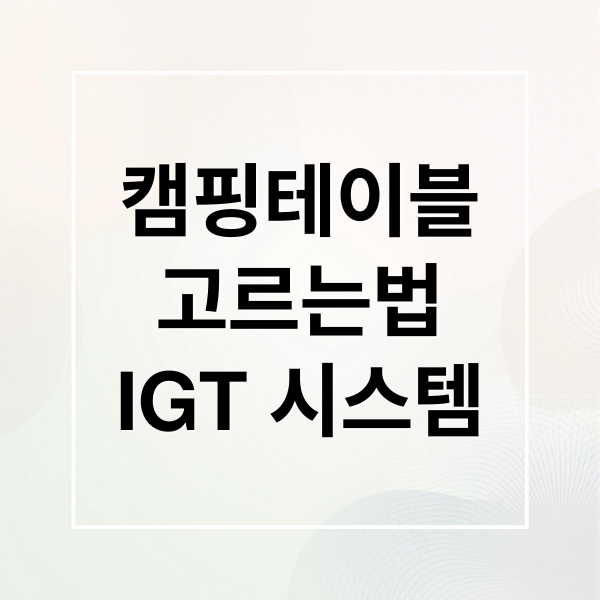 캠핑테이블
고르는법
IGT 시스템 (캠핑테이블 관련되서 추천 아이템 및 실제후기 만들어줘)