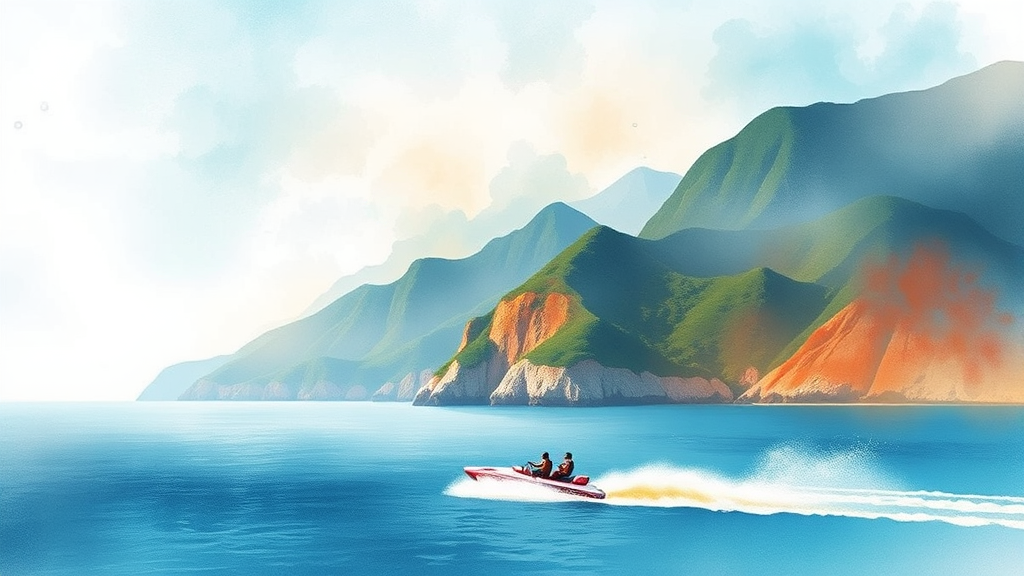 바람의 언덕 주변 즐길 거리: 신선대, 제트보트 등 (watercolor 스타일)