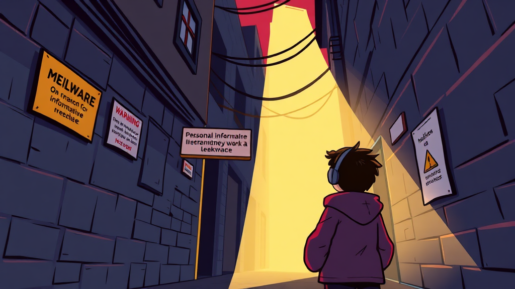 불법 사이트의 위험성: 당신의 정보는 안전한가? (cartoon 스타일)