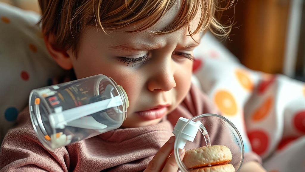 소아 장염의 특징 및 주의사항 (realistic 스타일)