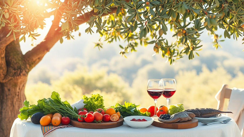 지중해 식단의 특징 (watercolor 스타일)