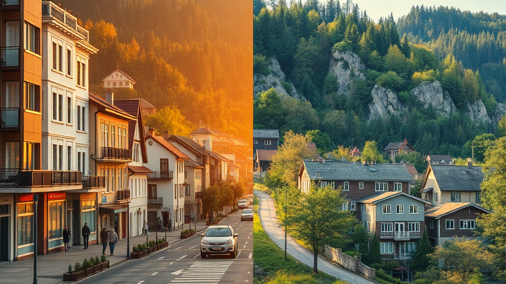 실버타운 유형 비교: 도심형 vs 전원형 (realistic 스타일)