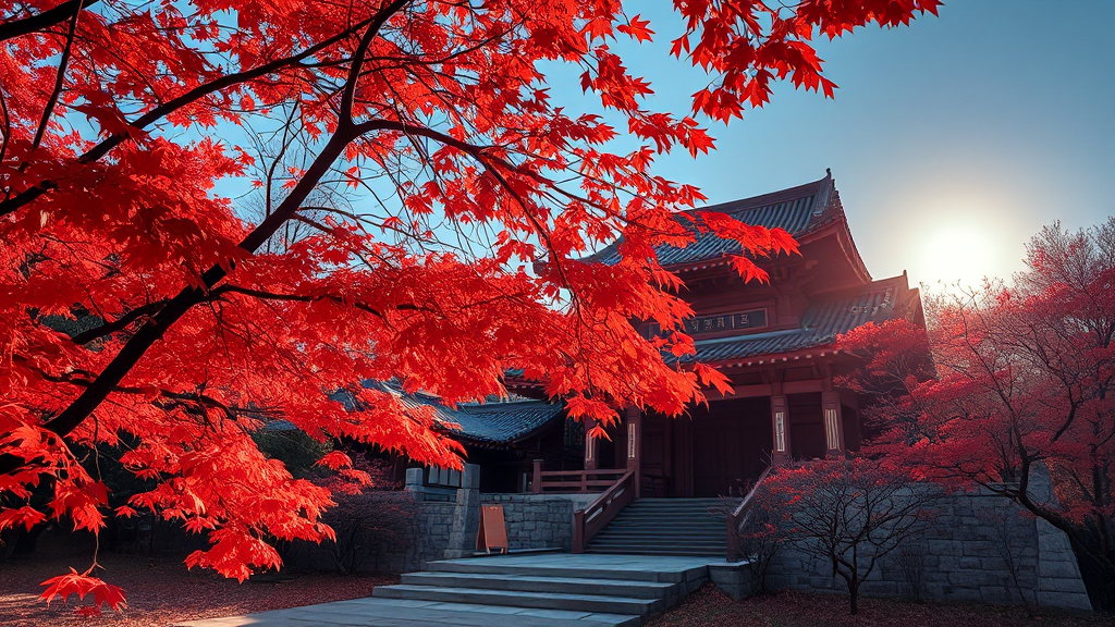 대흥사 단풍 시기 및 절정 예상 (realistic 스타일)