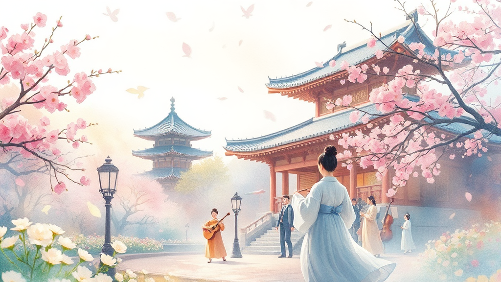 서울의 봄꽃과 다채로운 문화 행사 (watercolor 스타일)