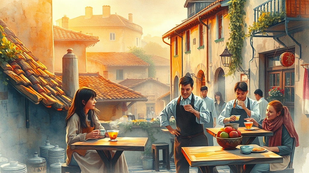 도량의 분위기와 서비스 (watercolor 스타일)