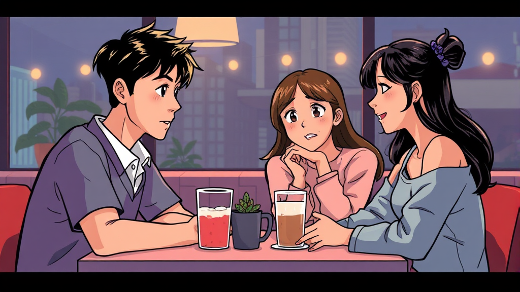 영수, 순자, 옥순의 2:1 데이트: 긴장감 넘치는 선택의 순간 (cartoon 스타일)