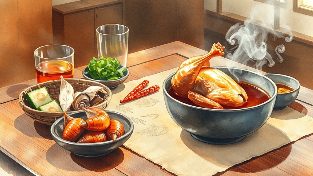 삼계탕 맛집 내부 및 상차림 특징 (watercolor 스타일)