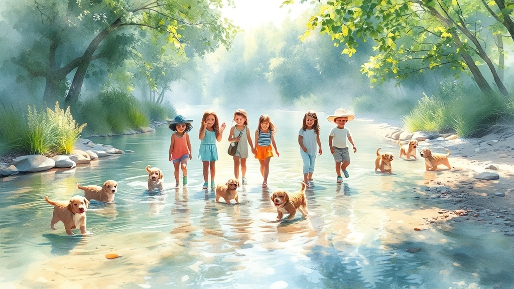 캠핑장 주변 계곡 및 물놀이 정보 (watercolor 스타일)