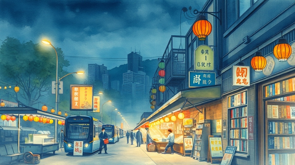 부산역 주변 관광 명소 (watercolor 스타일)