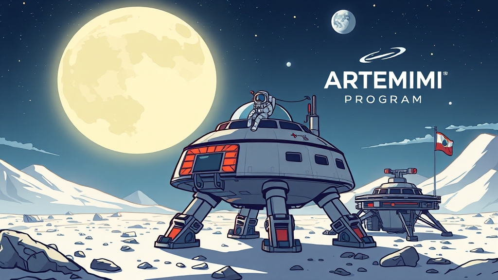 NASA 아르테미스 계획과 달 착륙선 (cartoon 스타일)