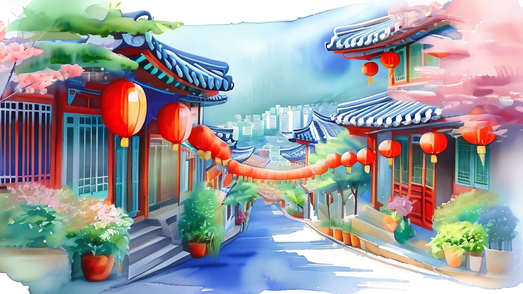 화려한 중국 거리: 눈길 사로잡는 건축물과 포토 스팟 (watercolor 스타일)