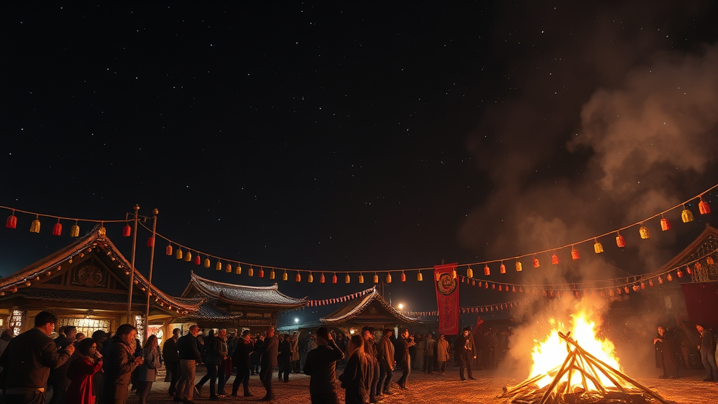 여주 남한강 대보름 달집태우기 축제: 새해 소망을 담다 (realistic 스타일)