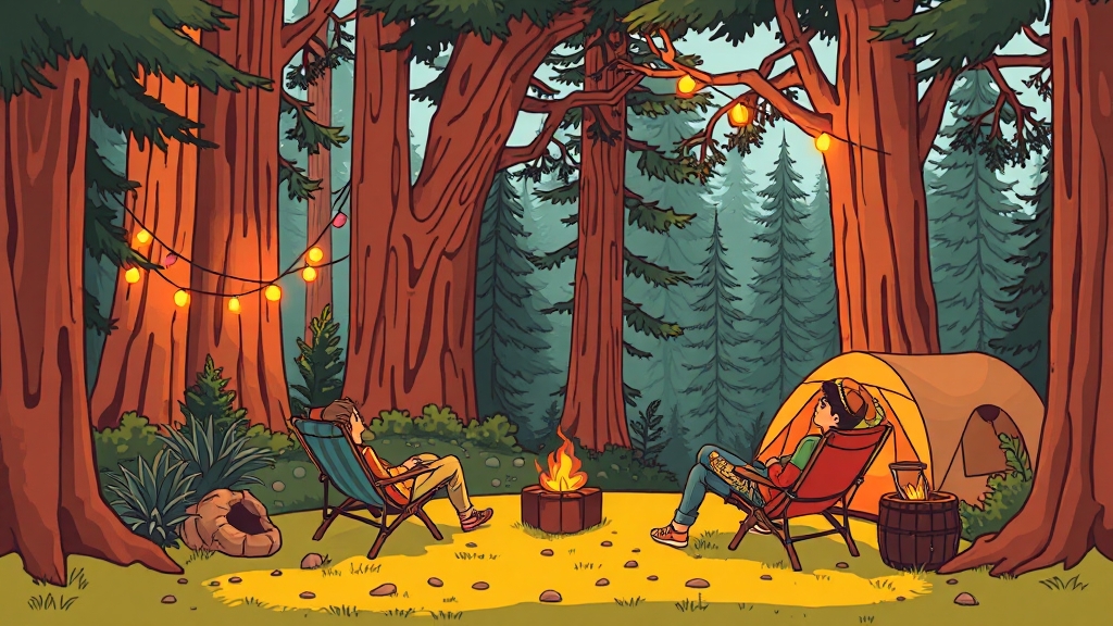 캠핑장 이용 후기 및 팁 (illustration 스타일)