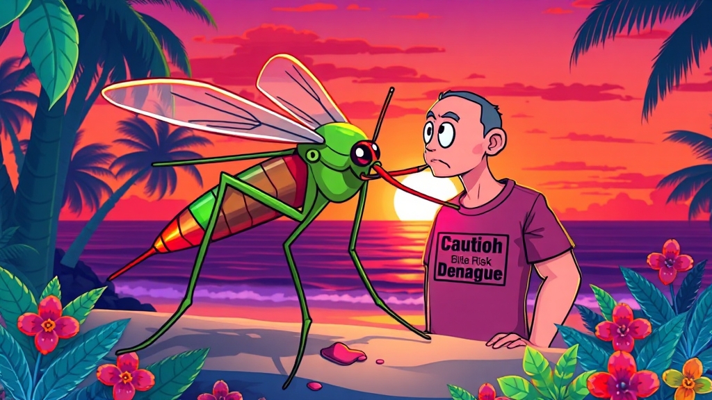 뎅기열 감염 경로와 매개 모기 (cartoon 스타일)