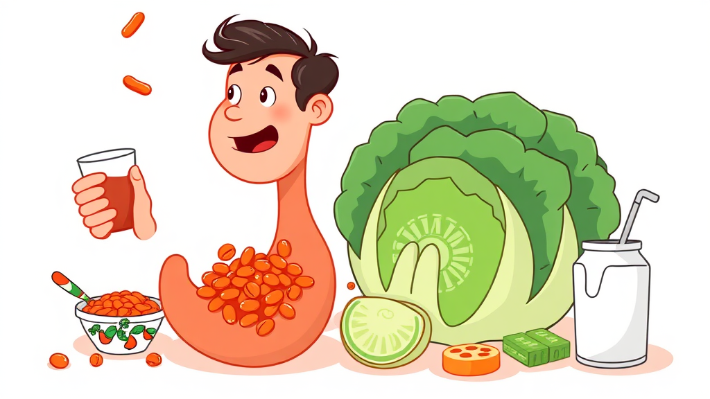 식습관 점검: 복부 팽만을 유발하는 음식들 (illustration 스타일)