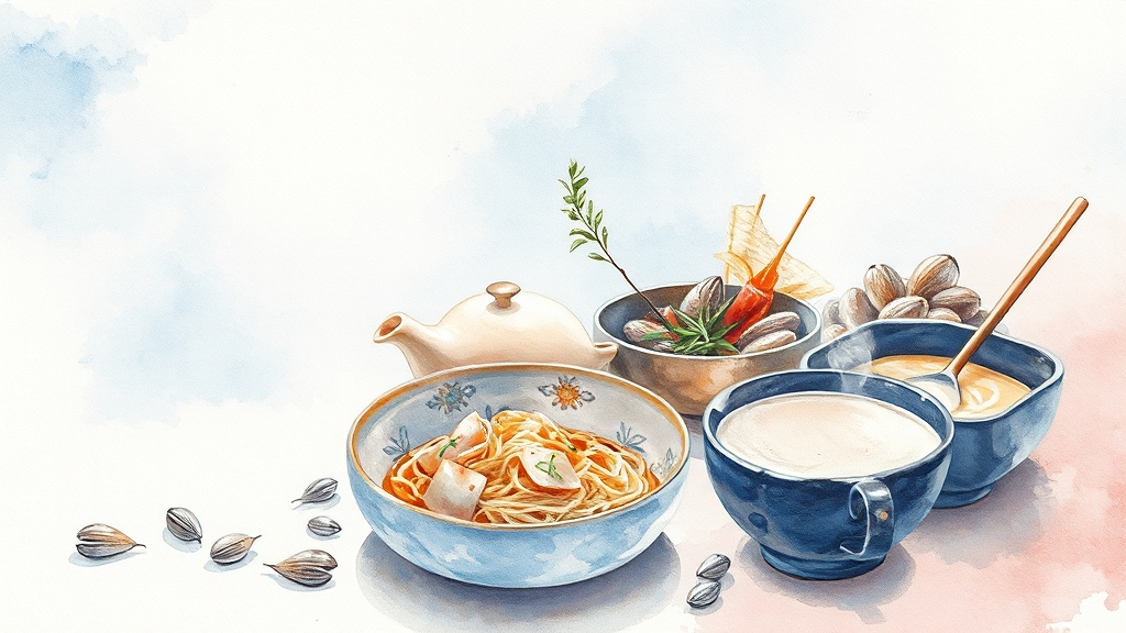 강릉 여름 별미 맛집 탐방 (watercolor 스타일)