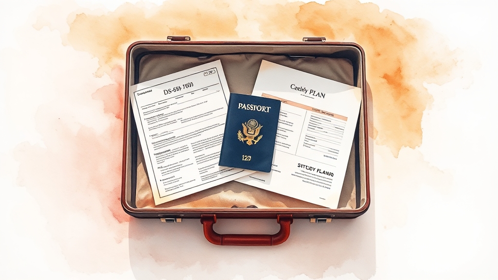 F1 비자 인터뷰, 어떤 서류가 필요할까요? (watercolor 스타일)