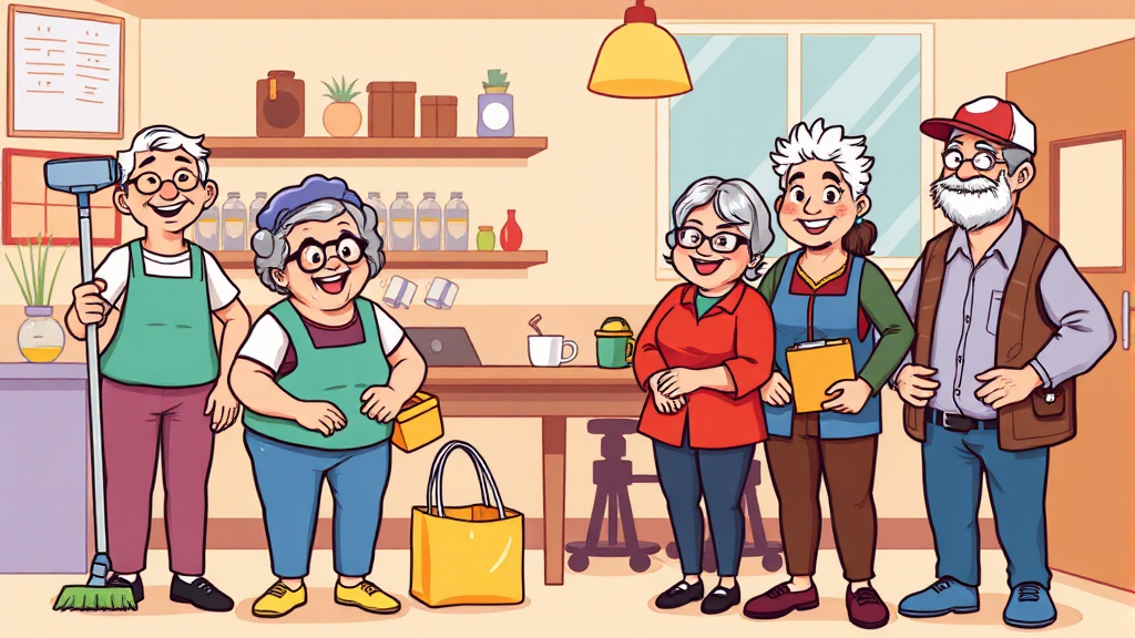 시니어 일자리 유형 및 특징 (cartoon 스타일)