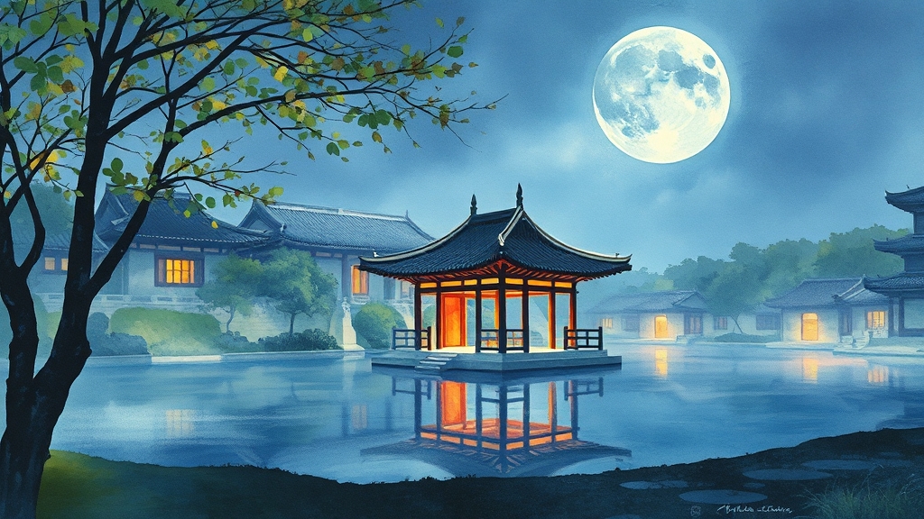 달빛 아래 거니는 환상적인 관람 코스 (watercolor 스타일)