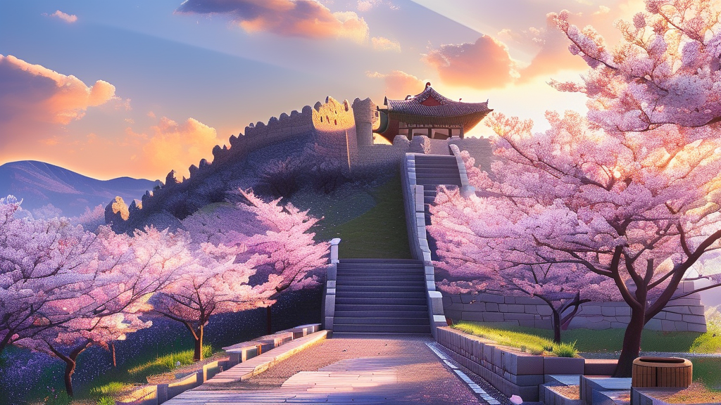 면천읍성: 역사와 벚꽃의 조화 (realistic 스타일)