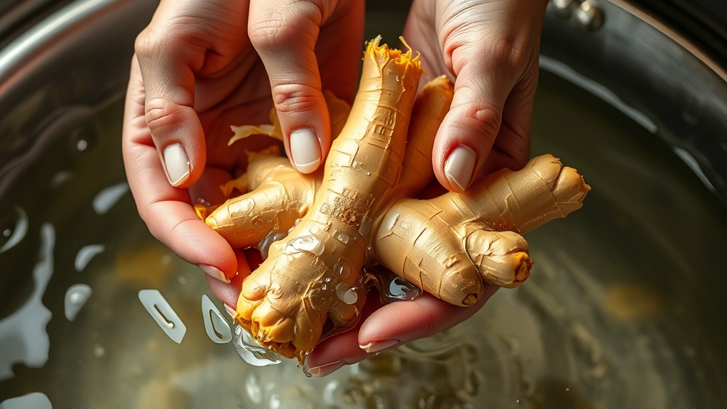 생강 손질 및 세척 방법 (realistic 스타일)