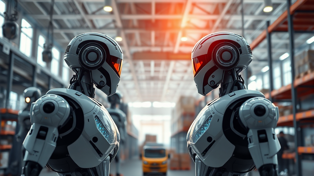 로봇 서비스 시장 성장 배경, 인력난 해소와 효율성 증대 (realistic 스타일)