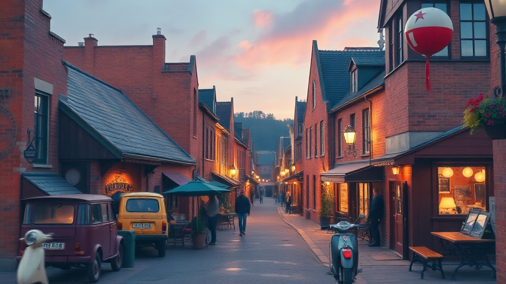 붉은 벽돌 건물과 낭만적인 야간 조명이 조화를 이루는 루덴시아 수채화풍 이미지