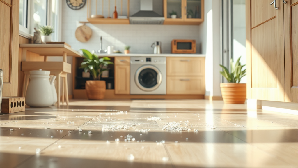 주방 바닥 얼룩, 천연 재료로 깨끗하게 지우는 방법 (realistic 스타일)