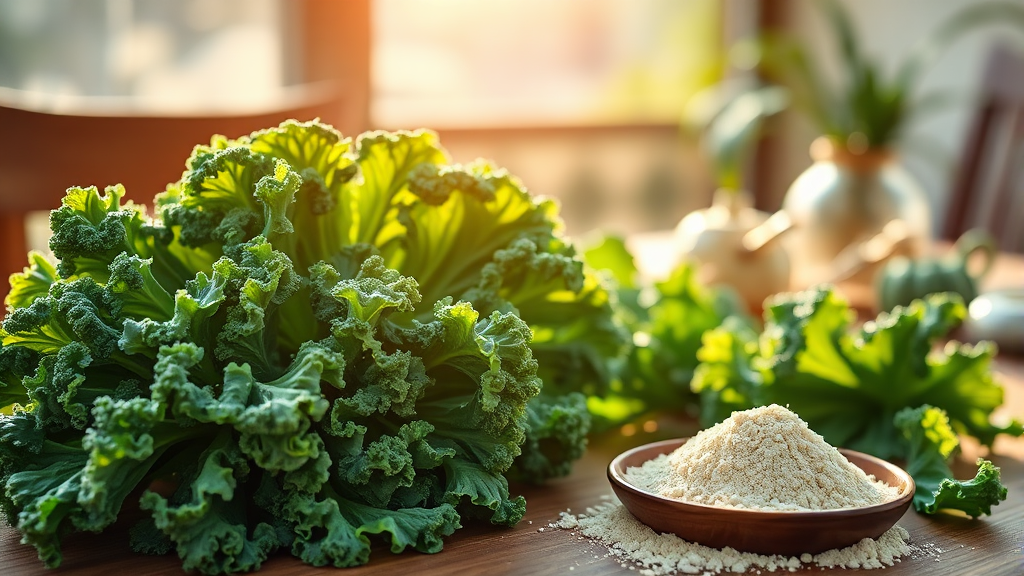 컬리케일 생잎 vs 분말: 비교 분석 (realistic 스타일)