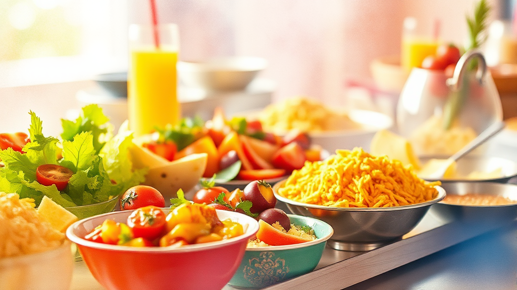 조식 뷔페 메뉴 구성 및 특징 (watercolor 스타일)