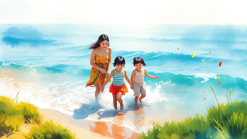 국내 여행지 추천: 바다, 액티비티, 가족 (watercolor 스타일)