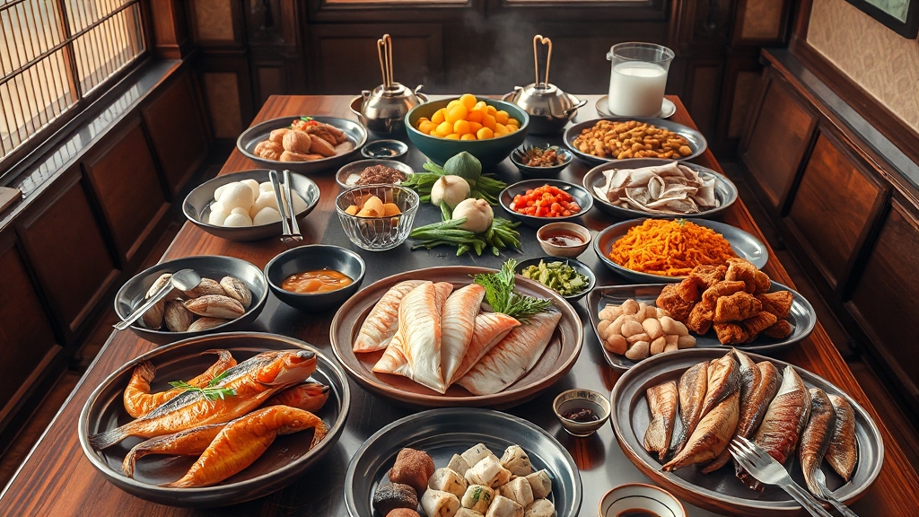 차례상 음식: 종류와 배치 (realistic 스타일)