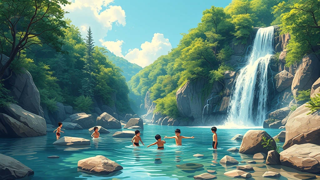 설악산 주변 계곡 추천: 여름 피서지 (illustration 스타일)