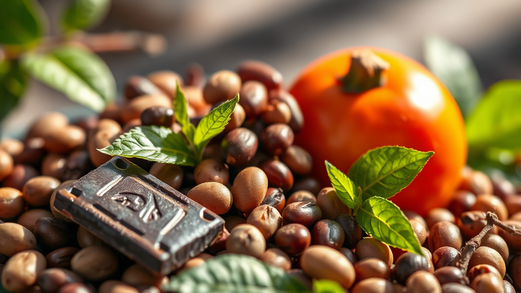 콩류, 다크 초콜릿, 과일: 의외의 마그네슘 식품 (realistic 스타일)