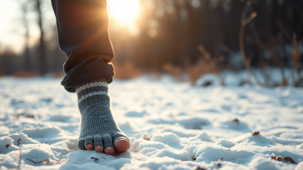 겨울 맨발걷기: 도전과 준비 (realistic 스타일)